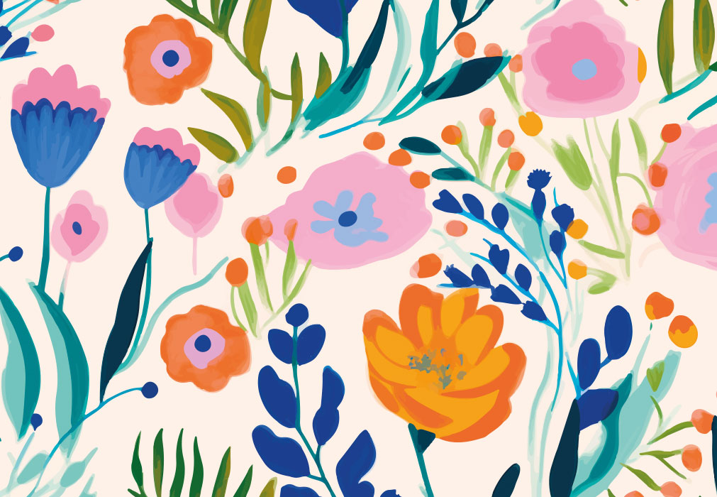 Glückwunsch - verschiedene Blumen und Sträucher, gemalt