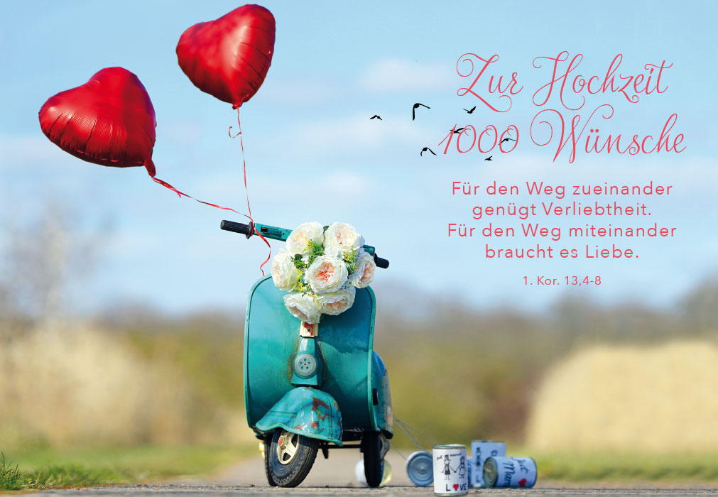 Hochzeit - blauer Roller, weiße Blumen, 2 rote Herzluftballons