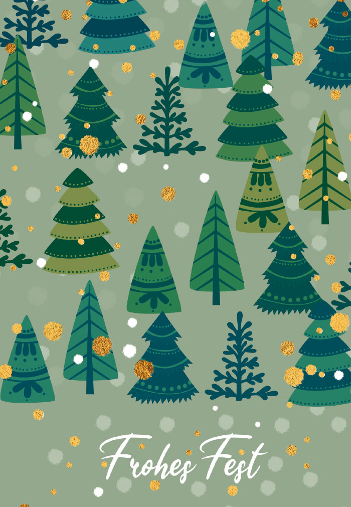 Weihnachten - Wald, goldene Flocken, illustriert