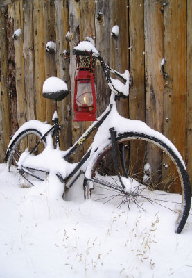 Weihnachten - Doppelkarte, Rad, Laterne, Schnee