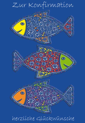 Konfirmation - bunte Fische auf blauem Grund, Illustration