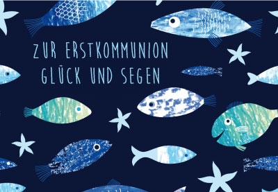 Kommunion - Fische im Schwarz, illustriert