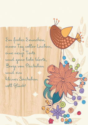 Postkarte - oranger Vogel und Blüten, illustriert