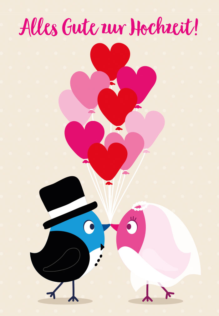 Hochzeit - küssende Vögel, Herzballons, Illustration