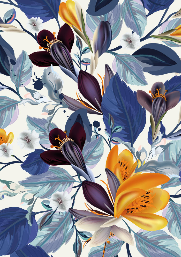Kleine Kartengrüße - Orchideen, blau und Gold, Illustration