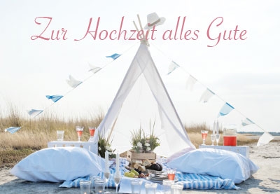 Hochzeit - Zelt, Decken, Kissen am Strand 