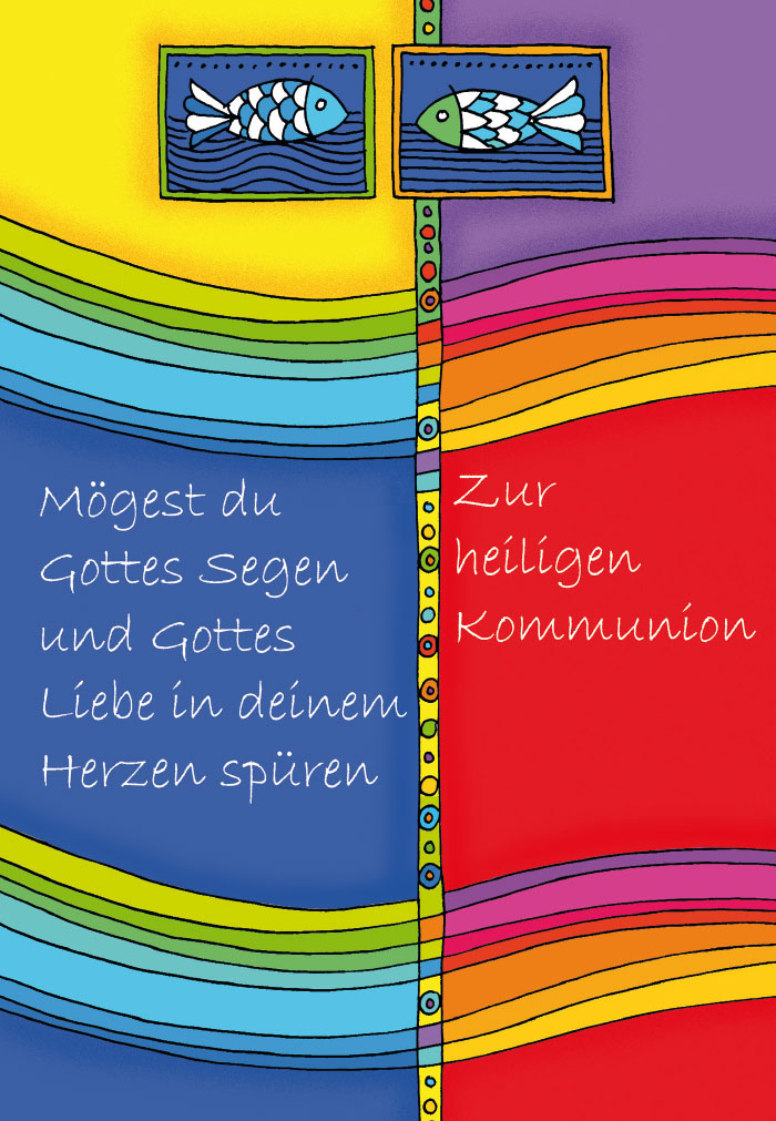 Kommunion - illustriert, rot , blau, gelb, Fische