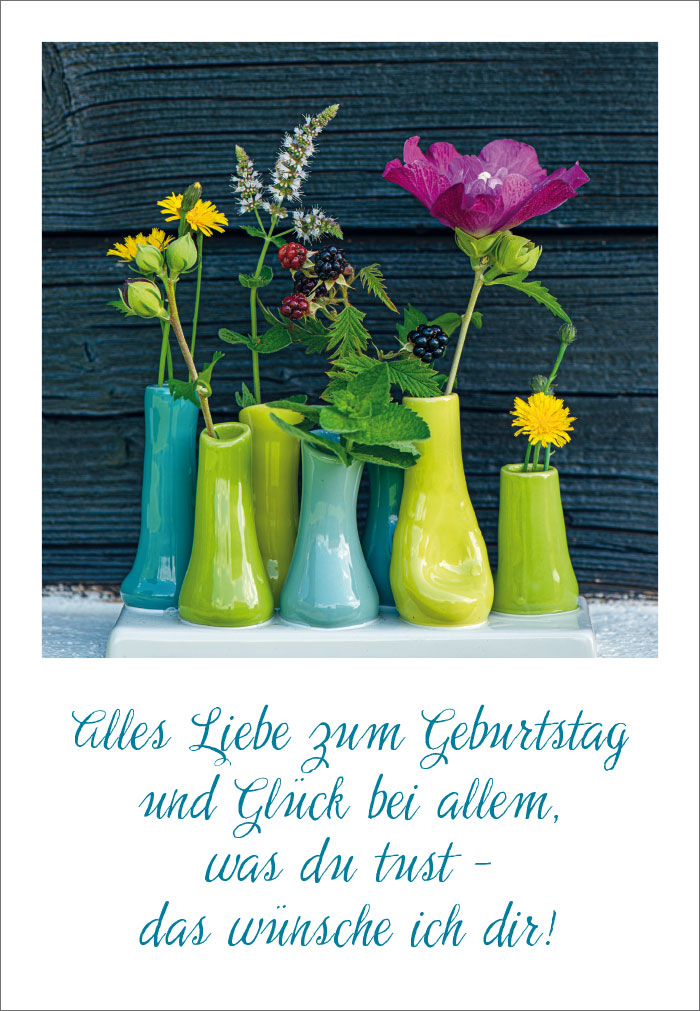 Geburtstag - Blumen in grünen, blauen Vasen