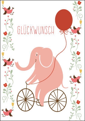 Kleine Kartengrüße - rosa Elefant auf Fahrrad
