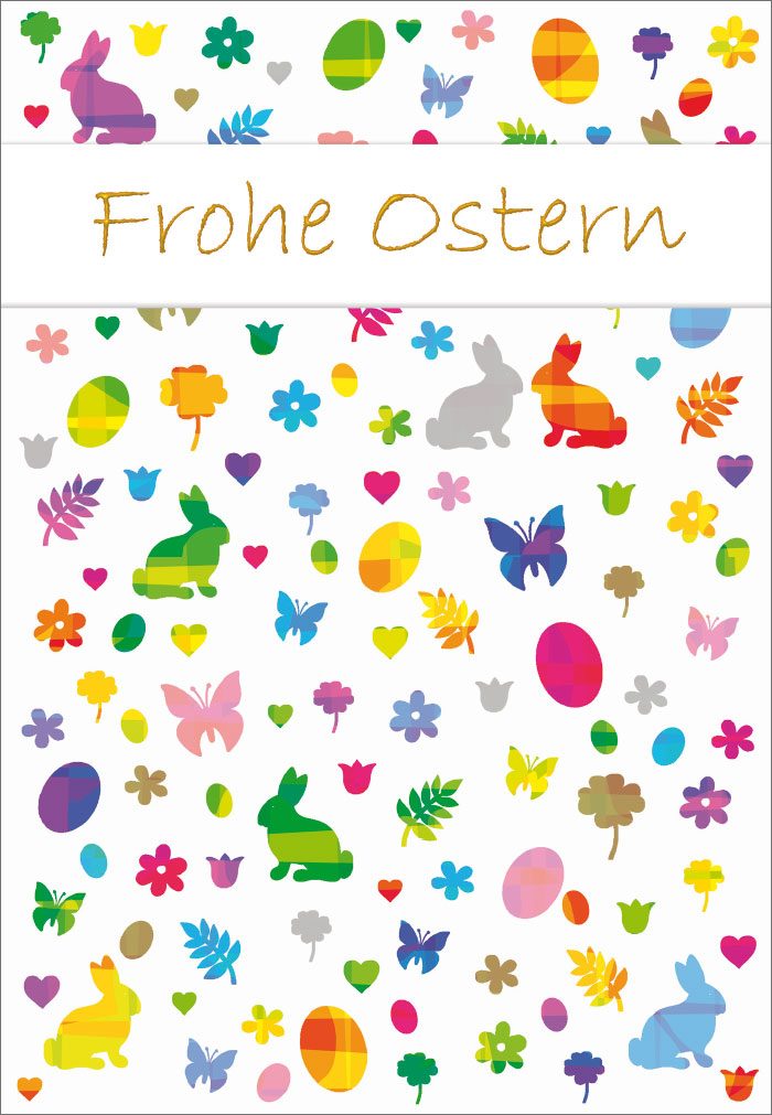 Ostern - bunte Hasen, Schmetterlinge und Eier, illustriert