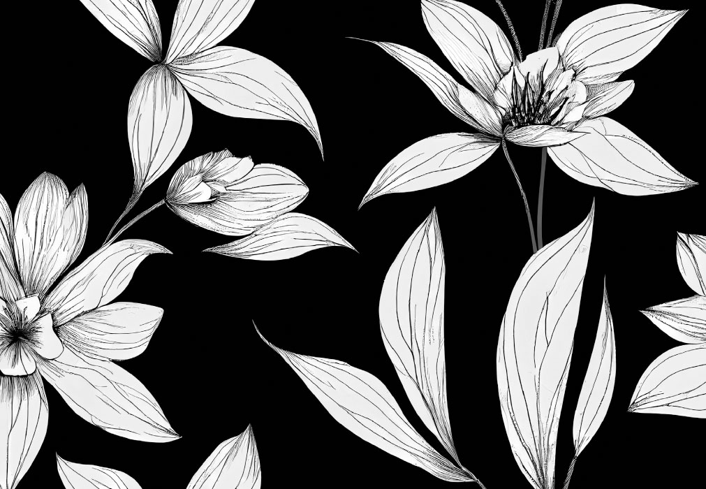 Trauer ohne Text - gemalte weiße Blumen auf schwarzem Grund