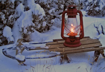 Wintermotiv - Doppelkarte, Schlitten im Schnee mit Laterne