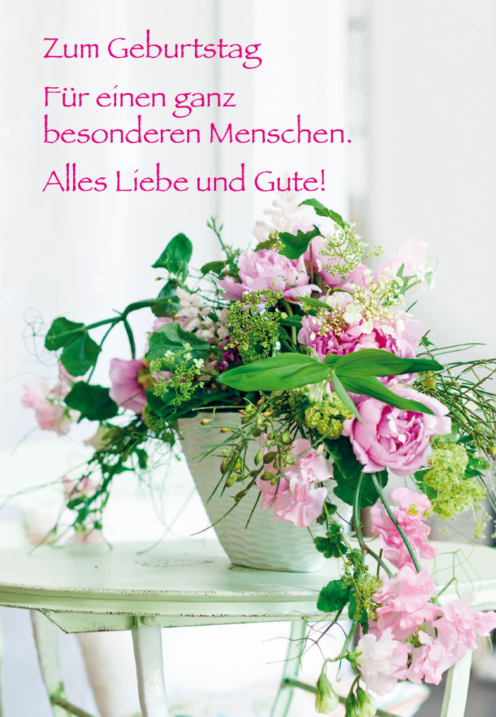 Geburtstag - Blumen, Vase mit rosa-weißem Gesteck