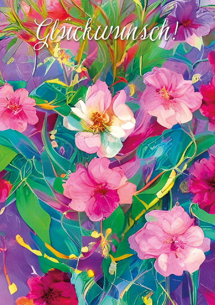 Kleine Kartengrüße - gemalter Blumenstrauß, rosa und blau