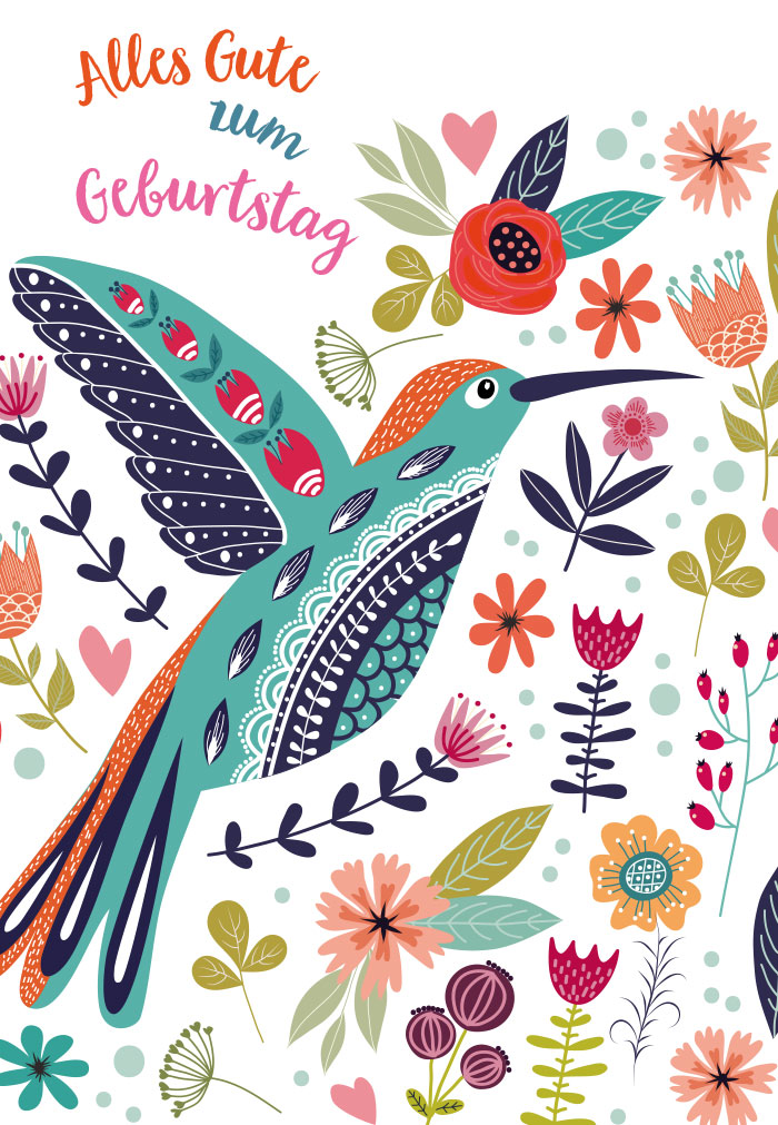 Geburtstag - bunter Vogel, Blüten, illustriert
